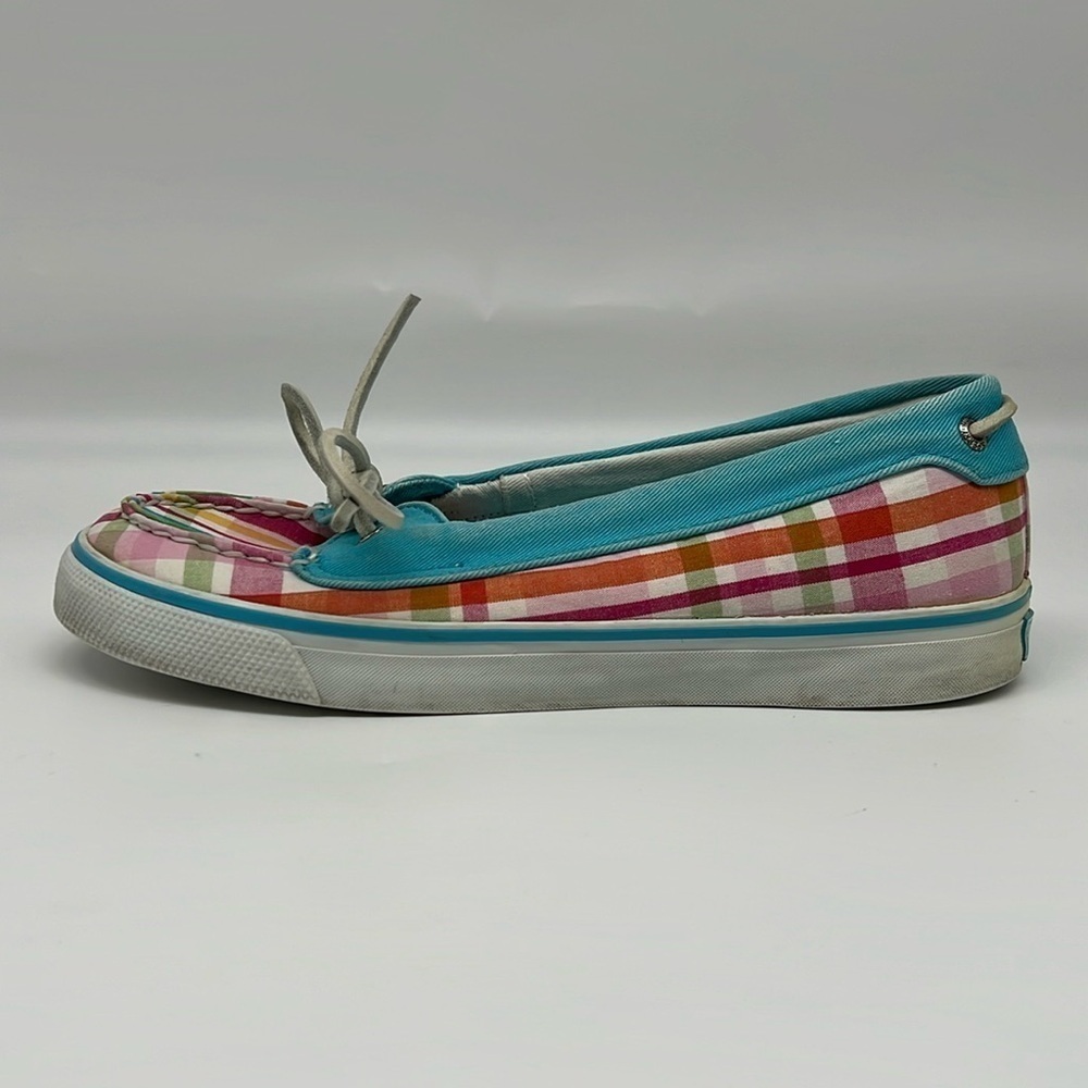 Sperry Women's TopSider Rainbow Plaid Water Turquoise Blue Canvas Boat‎ shoe 6.5